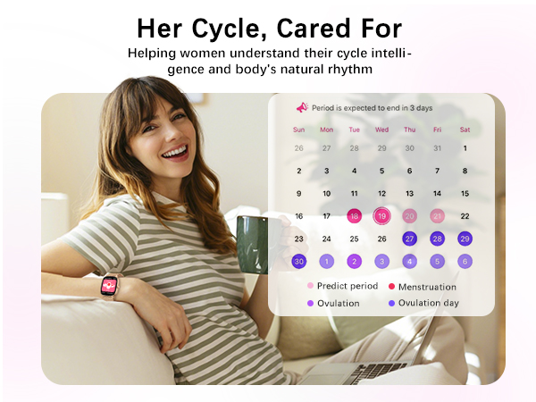 Text reads: 'Her Cycle, Cared For' 'Helping women understand their cycle needs, peace and body's natural rhythm'. Calendar interface showing menstrual tracking with purple and pink dots.