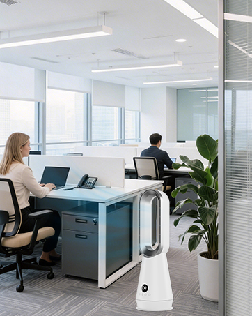 Modern office interior with natural lighting, featuring minimalist white desks, ergonomic chairs, and indoor plants creating a clean workspace environment.