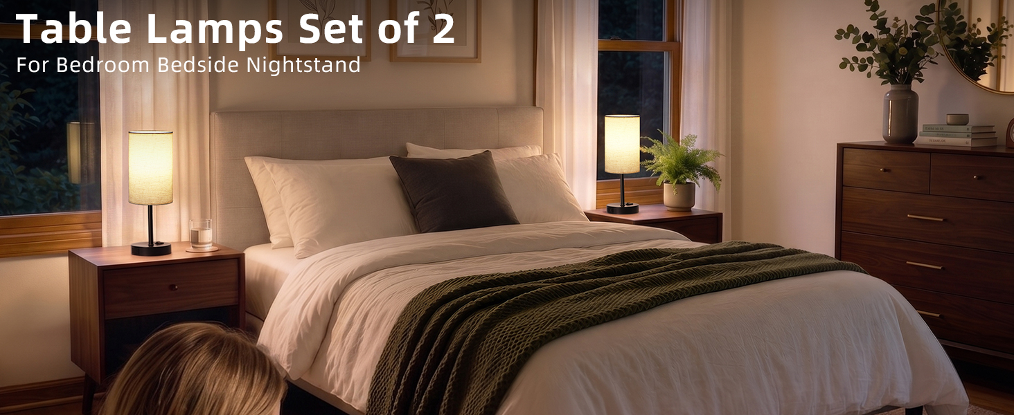 ZJOJO Table Lamp for Bedroom Set of 2