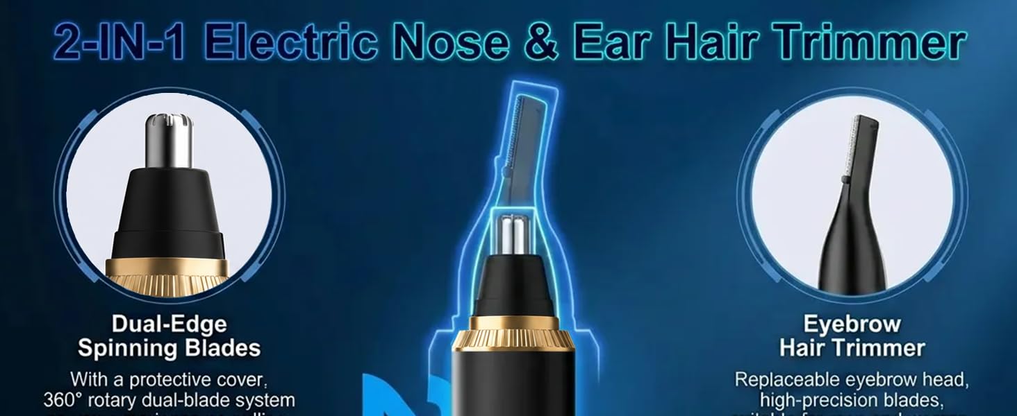 Text reads '2-IN-1 Electric Nose & Ear Hair Trimmer' with labeled features: 'Dual Stainless Spinning Blades', 'Precision Ear Hair Trimmer', 'Digital LED Display', 'Type-C Charging'. Black and gold nose trimmer device shown with product feature callouts.