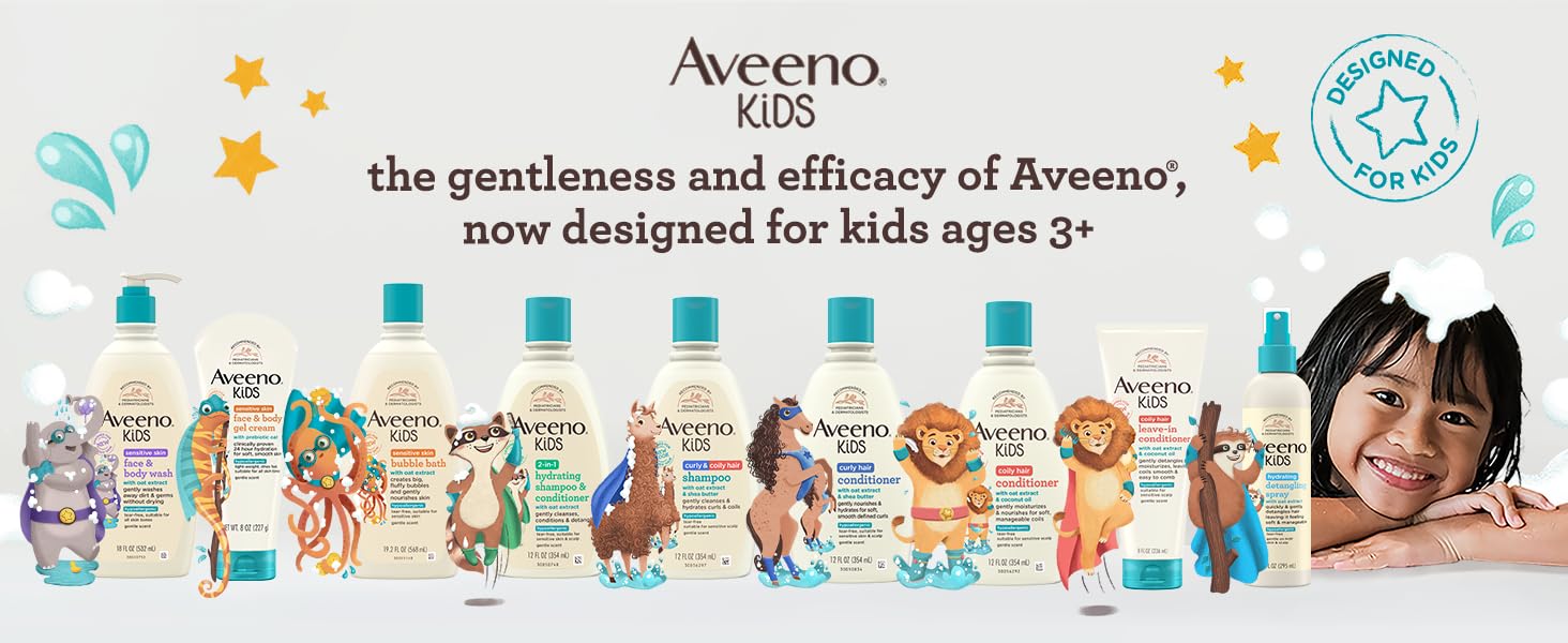 Aveeno Kids, the gentleness and efficacy of Aveeno, now designed for kids ages 3+
