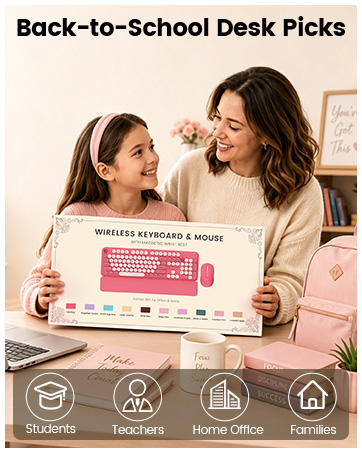 Mother and daughter holding a boxed pink wireless keyboard and mouse set for back-to-school.