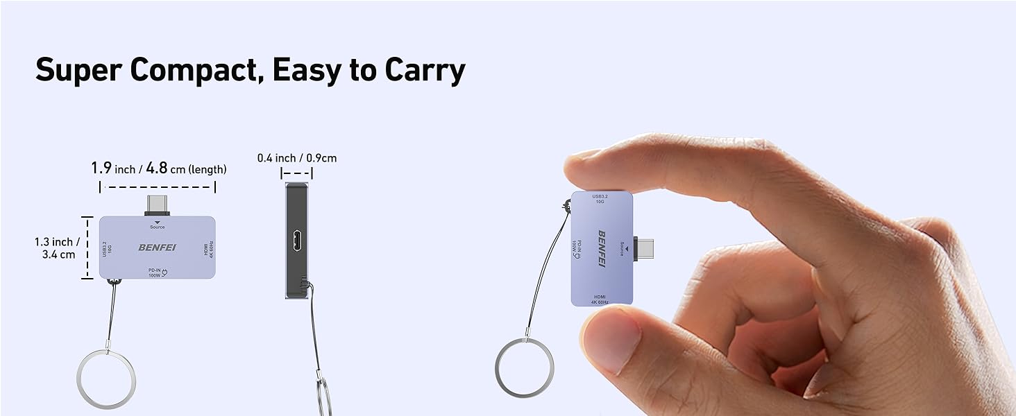 BENFEI USB C Hub 3-in-1, Super Compact, USB-C to HDMI 4K@60Hz, 10Gbps USB-A, 100W Power Delivery