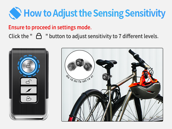 Text reads: 'How to Adjust the Sensing Sensitivity' and 'Ensure to proceed in settings mode. Click the button to adjust sensitivity to 7 different levels.' Shows key fob and bicycle security installation diagram.