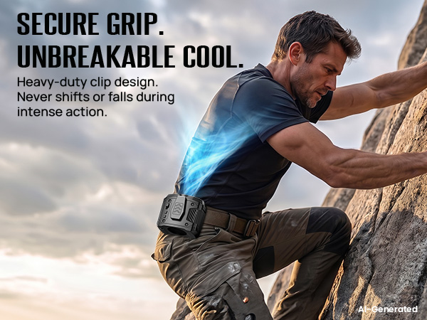 Secure clip on waist fan stays locked on the belt during climbing, bending, and motion