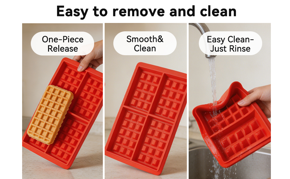 Text reads 'Easy to remove and clean' with three process steps: 'One-Piece Release', 'Smooth & Clean', 'Easy Clean-Just Rinse'. Red silicone mold showing removal, cleaning, and rinsing sequence for baking mold.