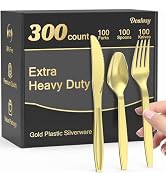 Dealusy 300 Count Extra Heavy Duty Gold Plastic Silverware, 100 Forks, 100 Spoons, 100 Knives, BP...