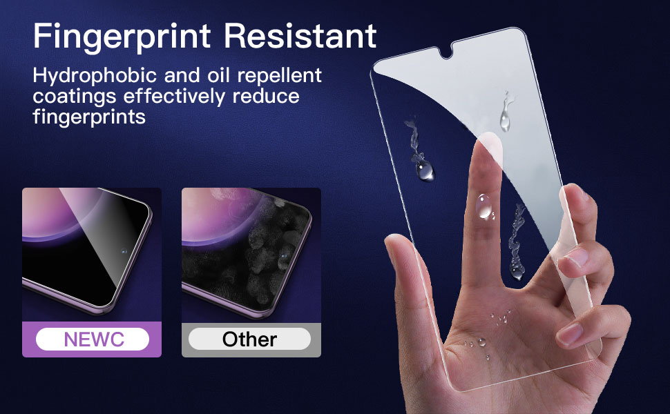 Smartphone screen protector with hydrophobic and oil-repellent coatings to reduce fingerprints. Comparison shown between 'NEWC' and 'Other' products with water droplets on surface.