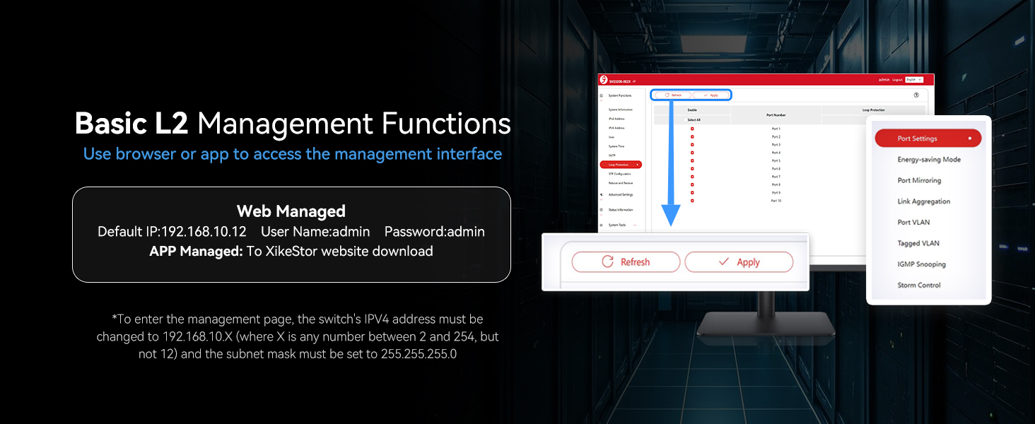 Text reads 'Basic L2 Management Functions'. Screenshot showing user interface elements and management dashboard layouts in dark and light modes.
