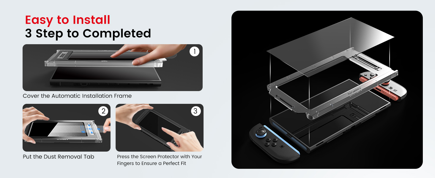 Screen protector installation guide showing three steps: aligning, placing, and pressing. Includes exploded view of protector layers and alignment tool.