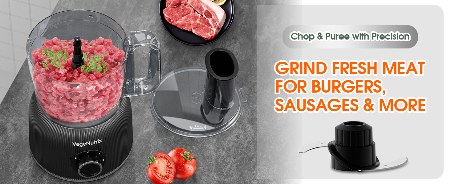 Text reads 'GRIND FRESH MEAT FOR BURGERS, SAUSAGES & MORE'. Food processor with ground meat visible inside clear container.