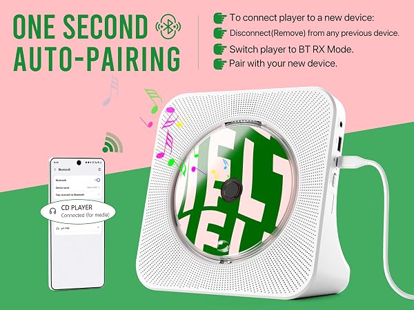 Portable CD player with Bluetooth receiver pairing to smartphone for wireless music streaming