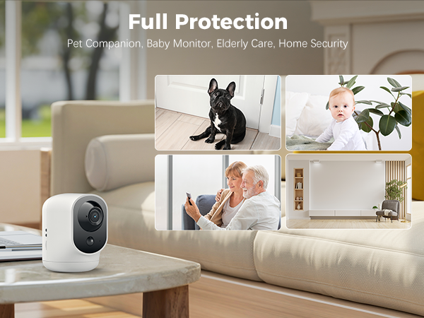 Home security camera setup showing multi-view monitoring system for baby monitoring, elderly care, and pet surveillance.