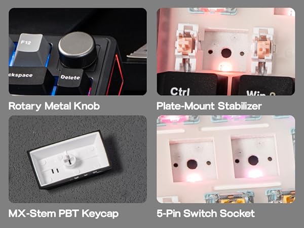 Text reads 'MX Silent PBT Keycaps' and 'Side Printed Keycaps.' Close-up images of keyboard keycaps showing different angles and printing styles.
