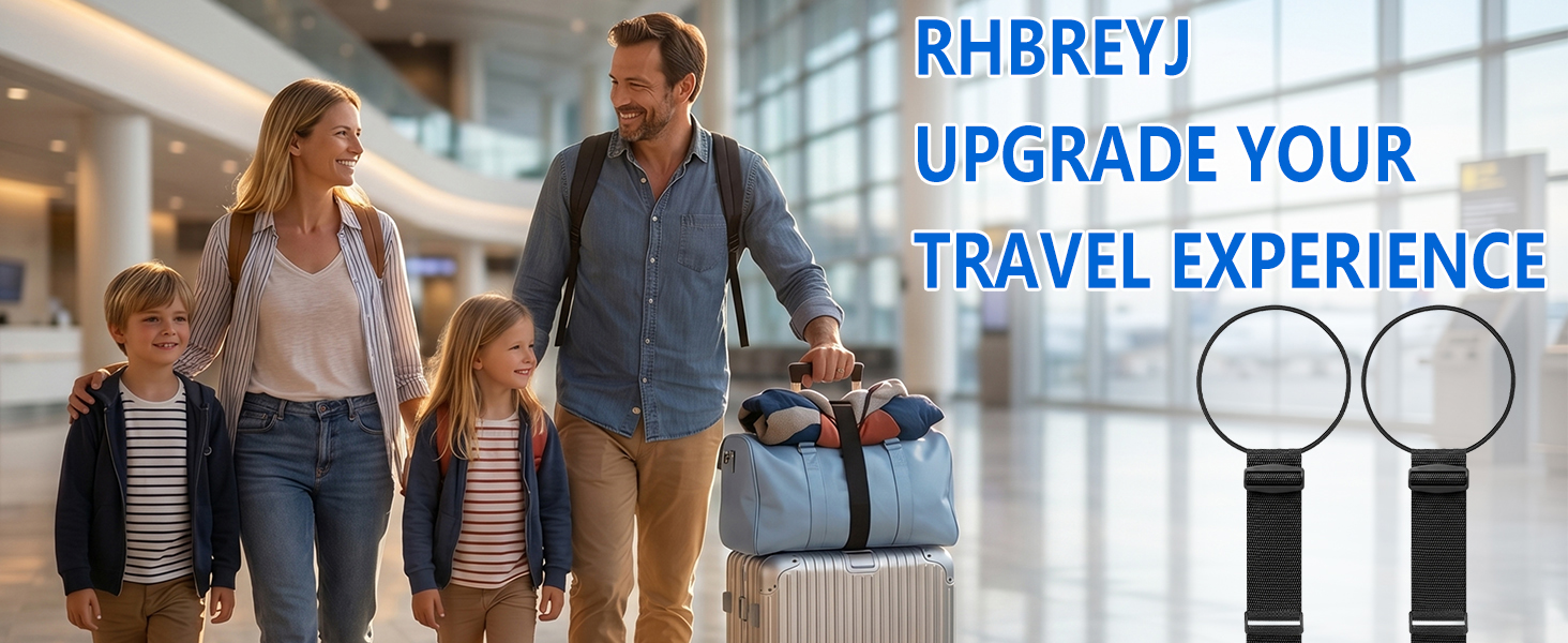 Family traveling effortlessly with luggage straps holding bags