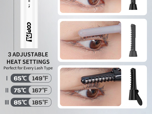 Heated eyelash curler with 3 adjustable heat settings: 65°C, 75°C, and 85°C. Images show curler in use on eyelashes. Includes detachable combs for different lash types.
