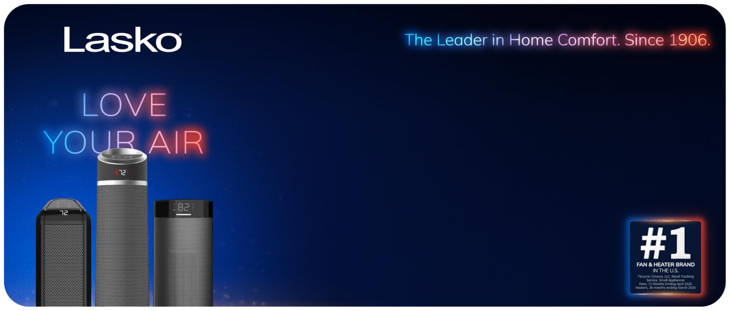 Image of three lasko tower heaters with text reading love your air.