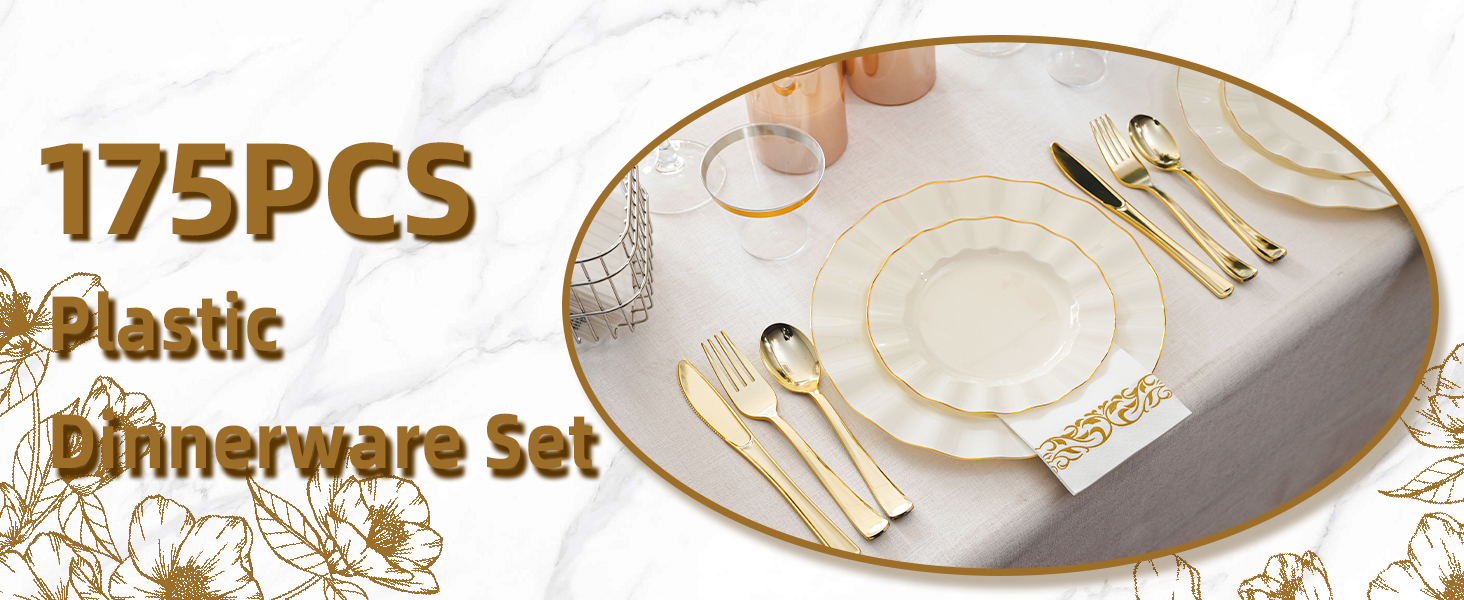 white and gold plastic dinnerware sets
