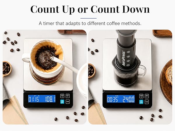 coffee scale with count up and count down timer