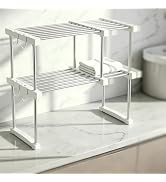 BLULEE Expandable Under Sink Organizer, No-Drill Adjustable Shelf | Custom fit around pipes cabin...