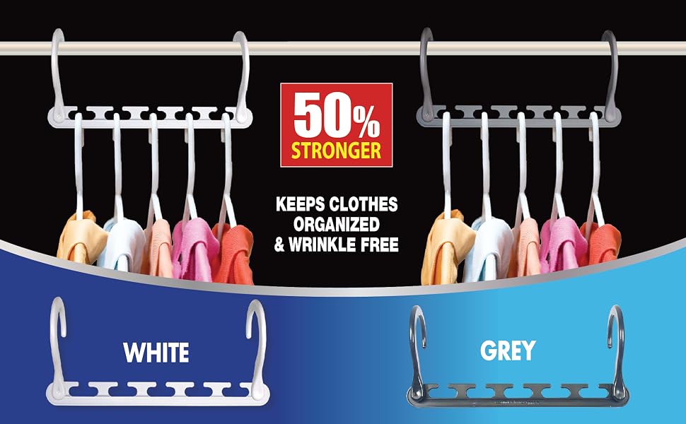 White and grey Wonder Hanger Max hangers with colorful polo shirts hanging with both hooks on rod.
