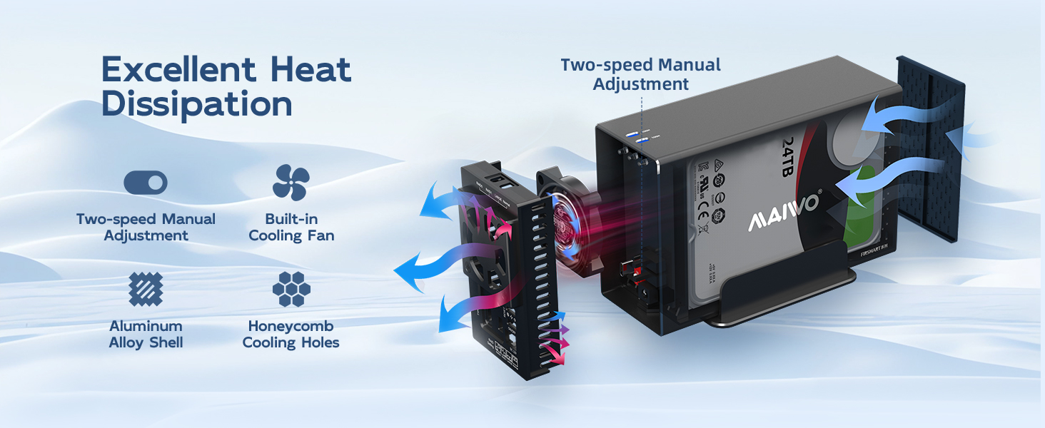 The external hard drive storage cabinet has 2 drive slots, each slot supports 18TB