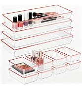 12 Pack Large Size Clear Stackable Drawer Organizer Trays, Rose Gold Rim Makeup Drawer Storage Tr...