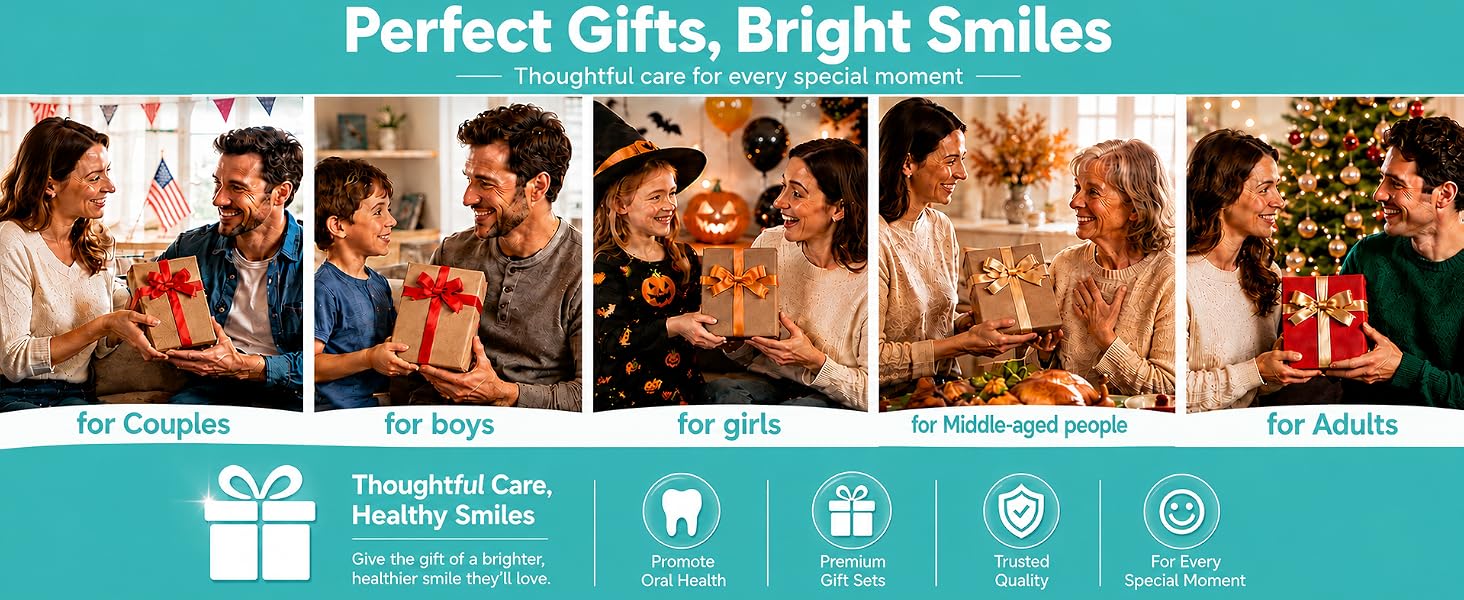 Text reads 'Perfect Gifts, Bright Smiles' with 'Für Babys' tag. Collage of five photographs showing families in festive settings with holiday decorations and gift boxes. Bottom icons indicate gift, dental, age range, and quality certifications.