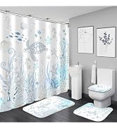 Nkzply 4 Pcs Ocean Sea Turtle Shower Curtain Set Nautical Starfish Bathroom Sets with Shower Curt...