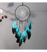 Dream Catcher with Bicolor Mesh, Handmade Dark Tone Dreamcatcher with Black and Turquoise Feather...