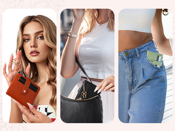 Model displays a compact wallet in three settings: held, in a small purse, and on pocket