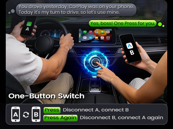 Wireless CarPlay adapter supports one-button switching between two phones in shared cars.