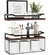 WOPITUES Floating Shelves with Wire Storage Basket, Bathroom Shelves Over Toilet with Protective ...