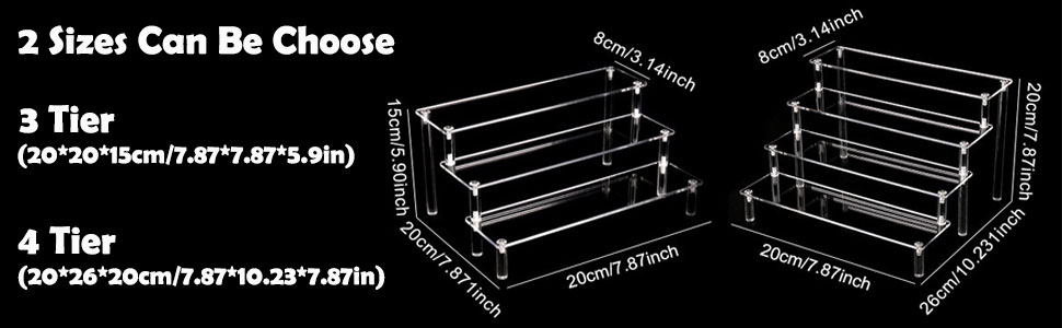 Technical diagram showing '2 Sizes Can Be Choose', '3 Tier', and '4 Tier' options with precise measurements and dimensions illustrated in schematic drawings.