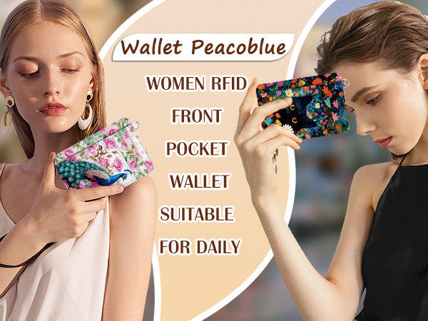 Wallet Peacoblue RFID front pocket wallet with iridescent holographic finish, shown in promotional split-panel display with product text.