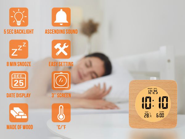 wooden digital alarm clock
