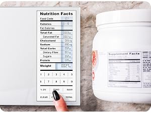 tare function enables exact weight entry when matching nutrition labels to real portions