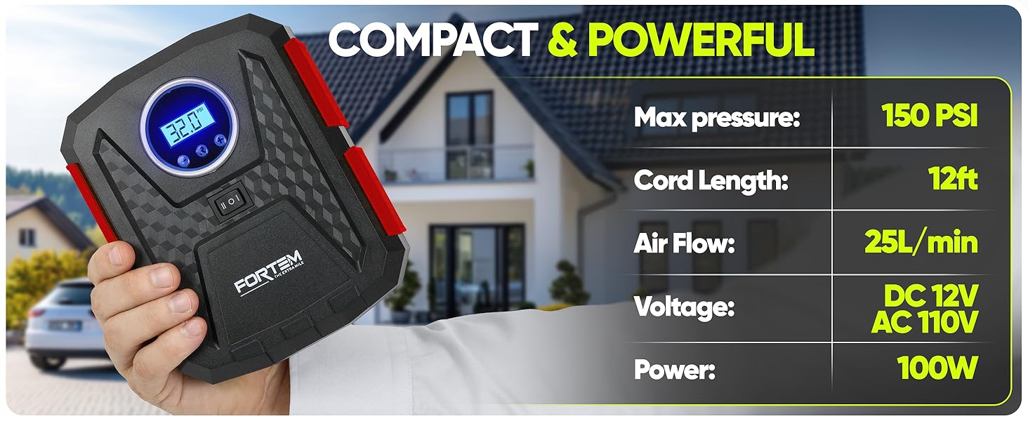 Compact yet powerful inflator with 150 PSI, 12ft cord, and fast 25L/min airflow for any setup.