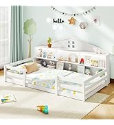 Giantex Twin Size Montessori Floor Bed with LED Lights, 2-in-1 Wooden House Bed Frame with Safety...