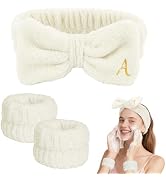 Wecoe Spa Headband & Wristband Set – Embroided Letter A Face Washing Makeup Hair Accessories, Tre...