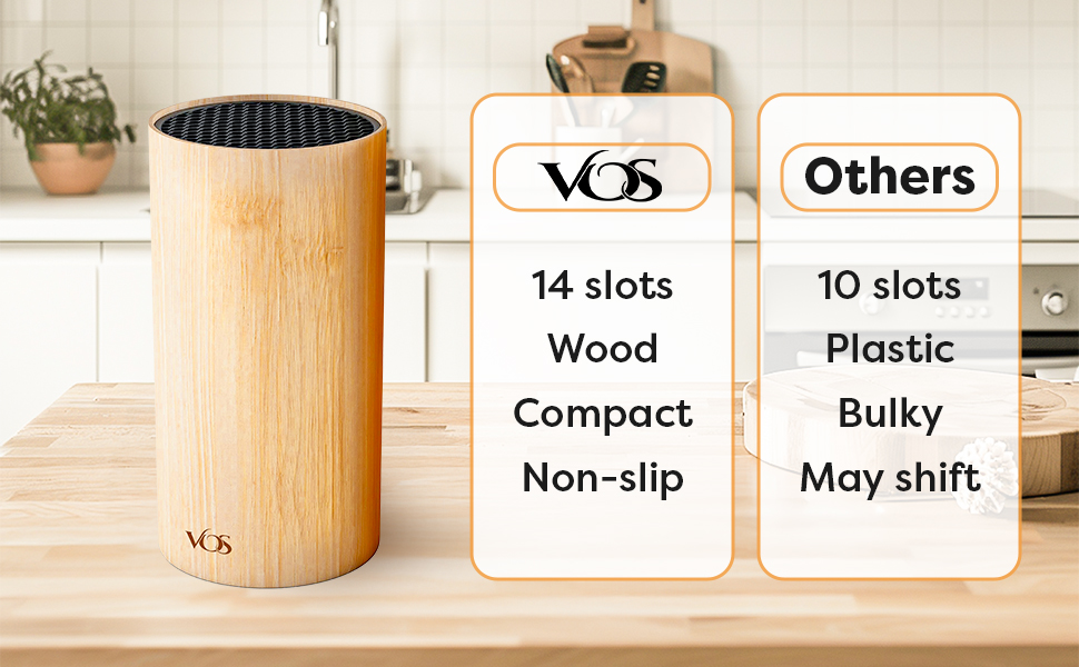 Vos oak wood knife block 14 slots compact non slip vs plastic bulky 10 slot competitor block