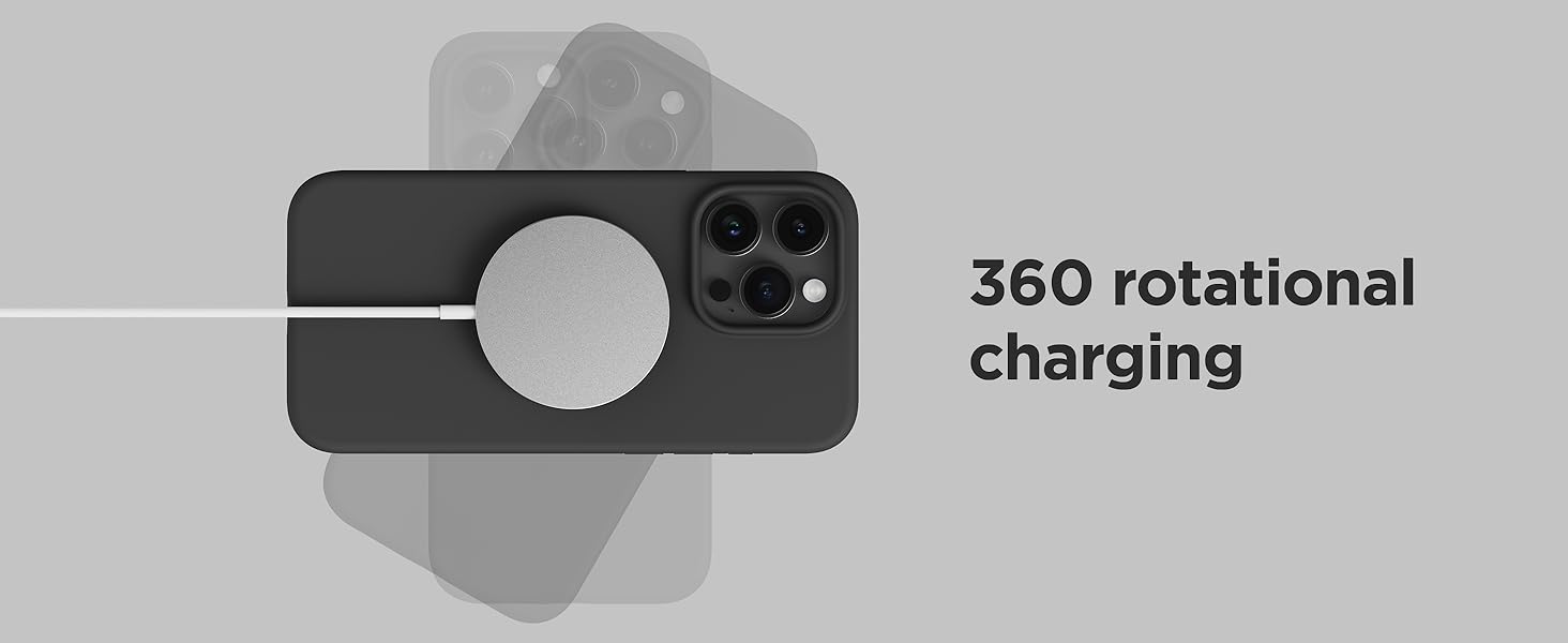 Illustration of a device with a circular cutout and multiple camera lenses. Text indicates '360 rotational charging' feature.
