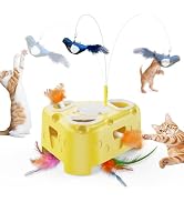 PANRIO 3-in-1 Automatic Cheese-Shaped Interactive Cat Toy – Flying Bird, 6-Hole Mole & Rotating F...
