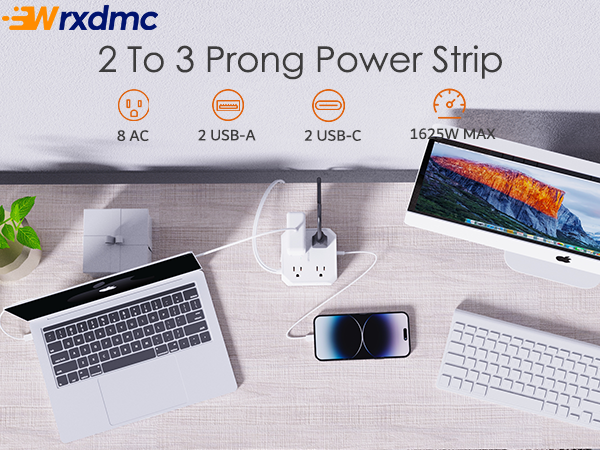 2 Prong Power Strip, WRXDMC 2 Prong to 3 Prong Outlet Adapter