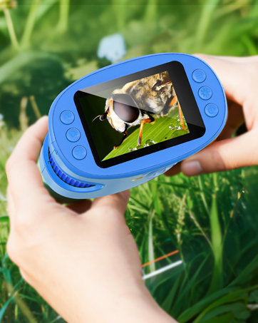 Series of images showing a blue handheld electronic device being used outdoors. Device has a screen and appears to be capturing images or video in a garden setting.