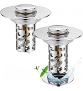 2 Pack 3-in-1 Universal Sink Drain Strainer,Muyiajou Pop Up Stopper with Hair Catcher, Stainless ...