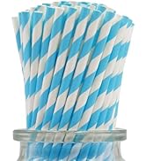 Biodegradable Blue and White Paper Straws, 7.75 Inches, 100 Counts Light Blue Striped Drinking St...