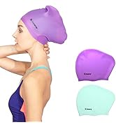 Keary 2 Pack Updated Silicone Swim Cap for Long Hair Women Girl Waterproof Bathing Pool Swimming ...