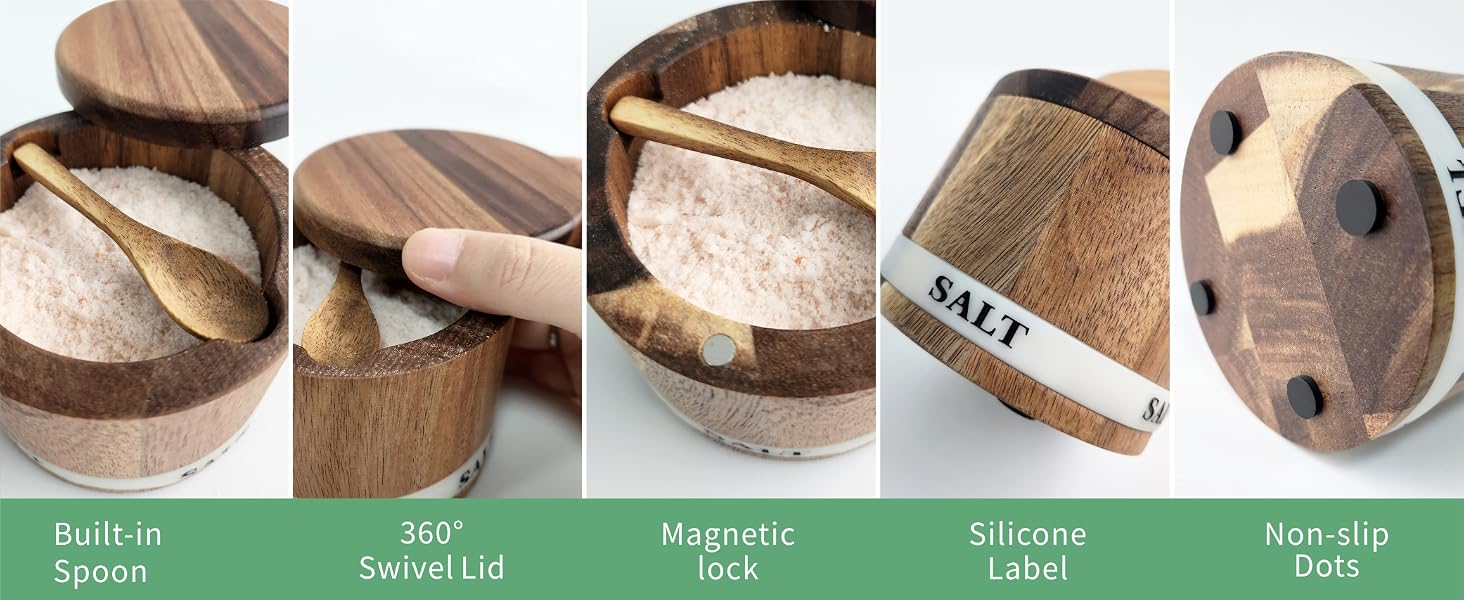 ThougrLyh Acacia Wood Salt Cellar with Swivel Lid and Built-in Spoon for Countertop Spice Storage