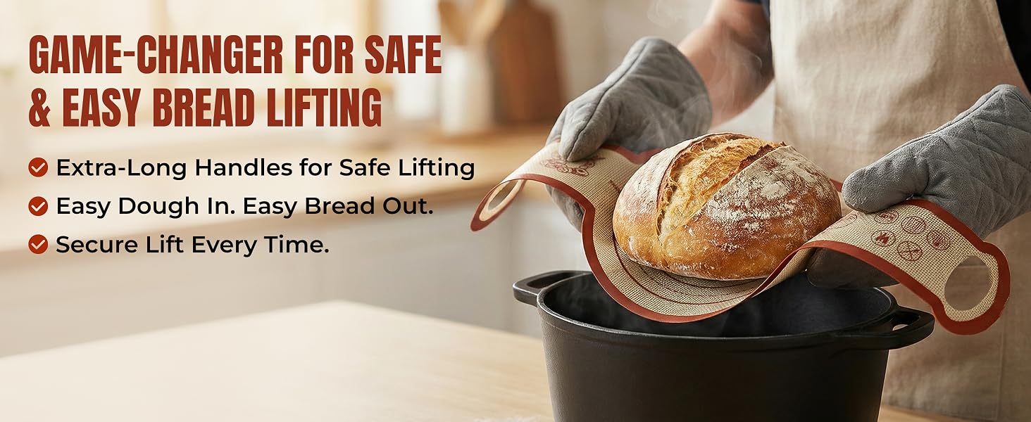 Extra-Long Handles for Safe Lifting Lift hot bread out of deep Dutch ovens